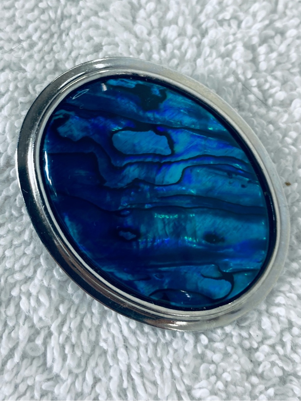 Vintage 90s Iridescent Paua Sea Opal Abalone Brooch Silver Tone Oval L